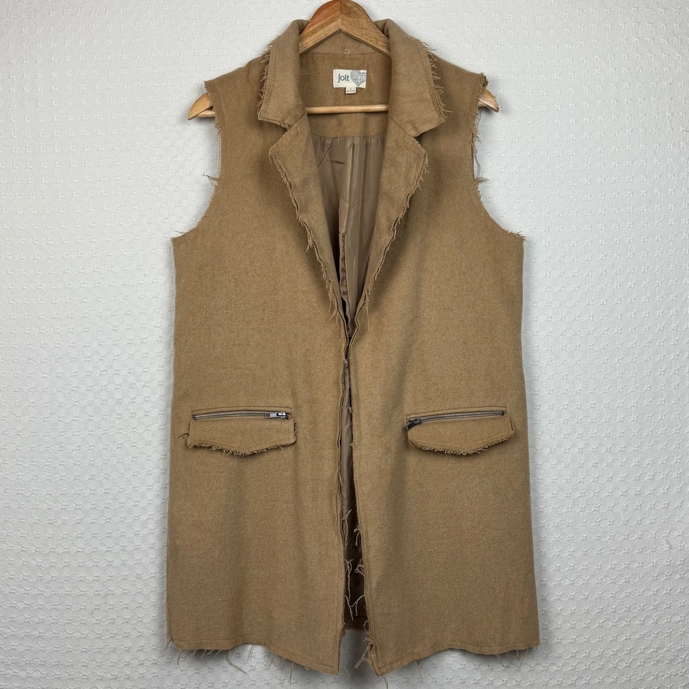 Jolt Long Vest Large Tan Open Front Zip Pocket Frayed Edges Polyester Wool Blend